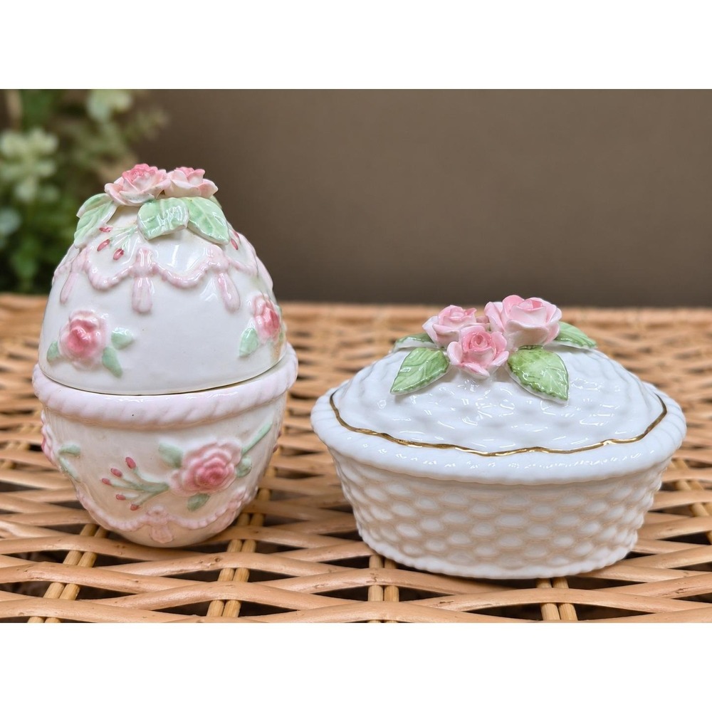 Vintage San Francisco Music Box Co Bone China Pink Rose Trinket Box Set 1990